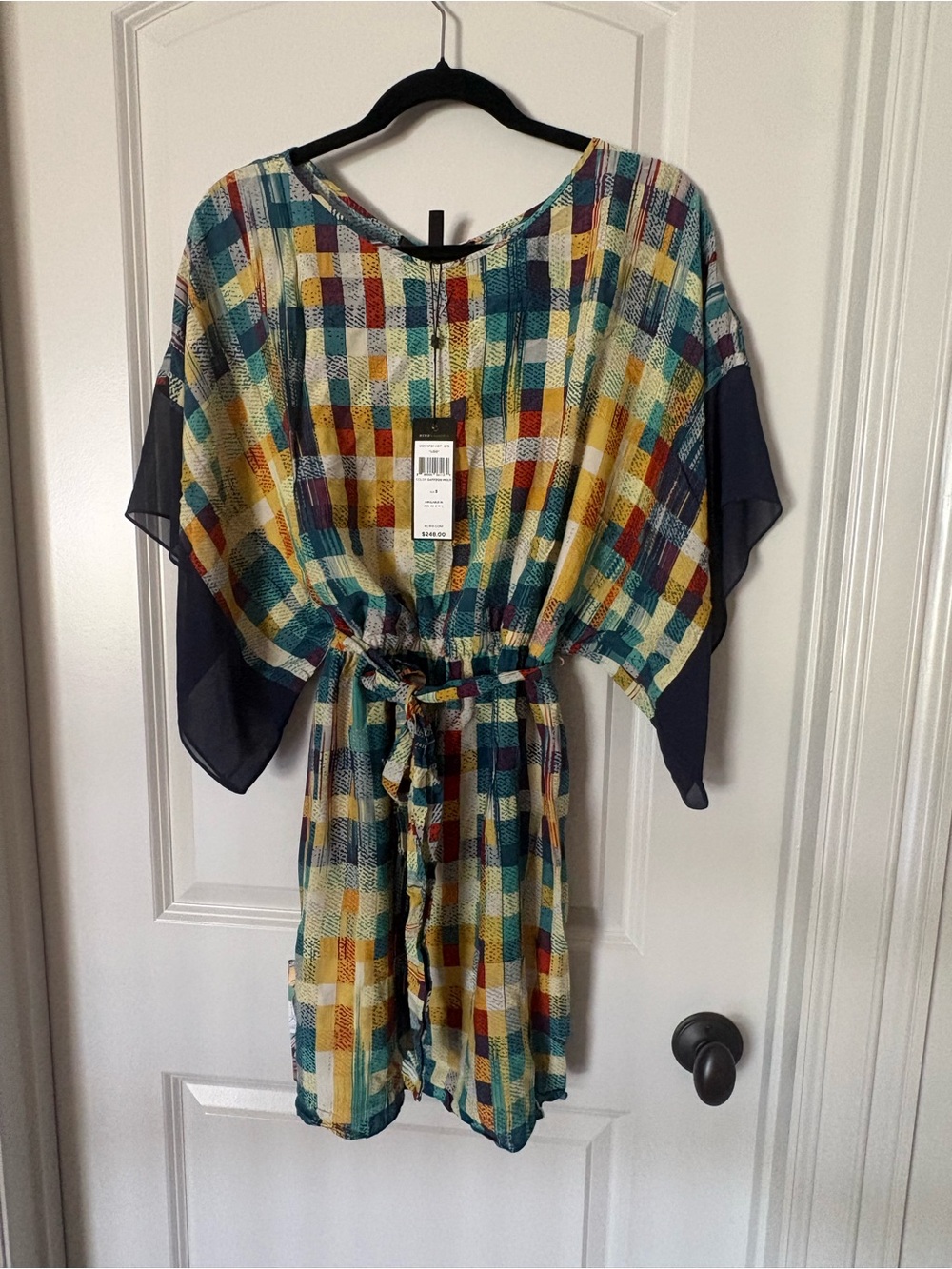 BCBGMaxAzria Multicolor Plaid Mini Dress with Navy Dolman Sleeves